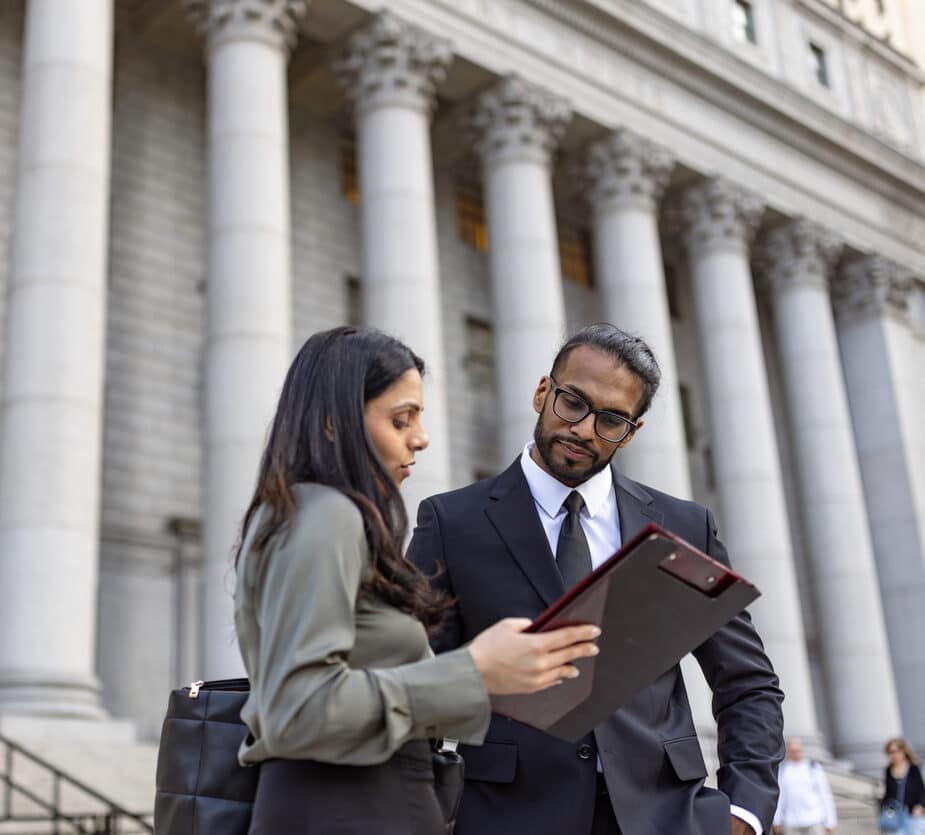 Two professionals, a man and a woman, reviewing documents on a tablet in front of a courthouse.